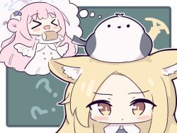 2girls animal animal_ear_fluff animal_ears animal_on_head bird bird_on_head blonde_hair blue_archive blue_necktie blush blush_stickers capelet chibi dress hair_ornament hair_scrunchie halo long_hair mika_(blue_archive) multiple_girls necktie no_nose on_head pink_hair scrunchie seia_(blue_archive) umihio white_capelet