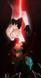 Rule 34 | 1boy, 1girl, black gloves, blonde hair, broken glass, brown hair, brown jacket, dark background, dead space, glass, gloves, glowing, glowing eyes, gorget, grabbing another&#039;s chin, hand on another&#039;s chin, harness, highres, isaac clarke, jacket, jumpsuit, looking at another, nicole brennan, pale skin, parted lips, red background, short hair, simple background, tallyarts, upside-down, very short hair, white jumpsuit, wide-eyed