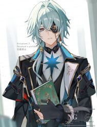 1boy anaxa_(honkai:_star_rail) aqua_coat aqua_eyes aqua_hair arm_support ascot black_capelet black_corset black_pants blue_vest book brooch capelet coat commentary corset cowboy_shot gold_trim hair_between_eyes hair_intakes hair_over_one_eye hair_over_shoulder highres holding holding_book honkai:_star_rail honkai_(series) jewelry long_hair long_sleeves looking_at_viewer low_ponytail male_focus miyanami_3 multicolored_eyes multiple_rings pants parted_lips ponytail purple_eyes ring shirt sleeveless sleeveless_shirt solo twitter_username two-tone_eyes vest watermark white_ascot white_shirt