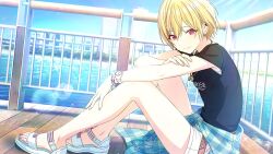 blonde_hair highres idolmaster idolmaster_shiny_colors jacket jewelry red_eyes saijo_juri sandals short_hair short_shorts short_sleeves shorts watch wristwatch