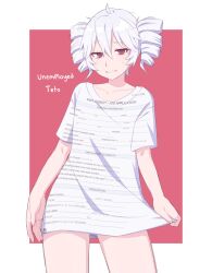 1girl alternate_hair_color arm_at_side border character_name collarbone colored_eyelashes commentary cowboy_shot drill_hair english_commentary english_text grey_hair hair_between_eyes highres holding holding_shirt holding_unworn_clothes kasane_teto looking_at_viewer nat_(coconat003) no_pants open_mouth outside_border print_shirt red_background red_eyes shirt short_hair simple_background small_sweatdrop solo standing twin_drills unworn_shirt utau white_border white_shirt