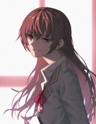 Rule 34 | 1girl, absurdres, bow, bowtie, brown eyes, brown hair, collared shirt, grey jacket, grin, hair between eyes, highres, jacket, long hair, parted lips, red bow, red bowtie, school uniform, shaded face, shirt, smile, solo, suou yuki, tokidoki bosotto roshia-go de dereru tonari no alya-san, tyrezal, very long hair, white shirt