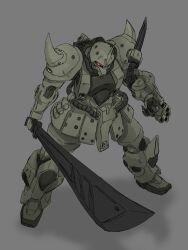 Rule 34 | arm cannon, commentary request, gouf, grey background, gundam, highres, machinery, mecha, mecha focus, mecha kaku man, mobile suit, mobile suit gundam, no humans, one-eyed, original, redesign, robot, science fiction, shoulder spikes, sketch, spikes, sword, weapon, zeon