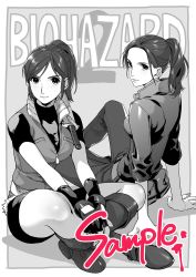 Rule 34 | 1girl, belt, bike shorts, breasts, brown hair, claire redfield, closed mouth, denim, dual persona, female focus, fingerless gloves, gloves, greyscale, highres, jacket, kotatsu (g-rough), looking at viewer, monochrome, ponytail, resident evil, resident evil 2, sample watermark, short hair, shorts, smile, solo, watermark