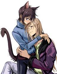 2boys absurdres agatsuma_soubi age_difference animal_ears aoyagi_ritsuka bandage_on_face bandages bishounen black_hair blonde_hair cat_boy cat_ears cat_tail closed_mouth glasses hair_between_eyes highres hug jacket long_hair long_sleeves looking_at_viewer loveless male_focus multiple_boys onii-shota purple_eyes round_eyewear shirt short_hair simple_background smile tail uneasywolf white_background