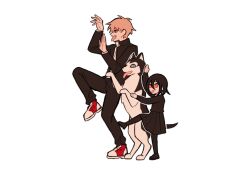 1boy 1girl 1other arm_up black_dress black_footwear black_hair black_pants black_thighhighs blonde_hair chainsaw_man claireiosity denji_(chainsaw_man) dress gakuran highres husky leg_up looking_to_the_side nayuta_(chainsaw_man) open_mouth pants ringed_eyes school_uniform sharp_teeth short_hair simple_background teeth thighhighs tongue tongue_out white_background yellow_eyes yotsubato!