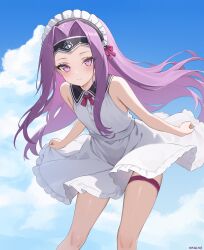 1girl absurdres bare_shoulders blue_sky blush breasts dress fate/grand_order fate_(series) frilled_hairband frills hairband headband highres leaning_forward long_hair looking_at_viewer medusa_(fate) medusa_(lancer)_(fate) nagine parted_bangs purple_eyes purple_hair rider sidelocks sky small_breasts smile solo thigh_strap thighs very_long_hair white_dress