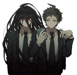 2boys absurdres ahoge bag black_hair black_jacket black_necktie black_pants black_suit brown_hair collared_shirt danganronpa_(series) danganronpa_3_(anime) formal_clothes hair_between_eyes highres hinata_hajime holding holding_phone jacket kamukura_izuru long_hair long_sleeves looking_at_viewer male_focus multiple_boys necktie open_clothes oteage pants phone red_eyes shirt short_hair shoulder_bag suit white_shirt