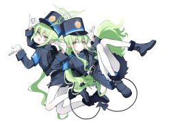 2girls :d absurdres armband arms_up black_shoes black_shorts black_skirt black_tail blue_archive blue_armband buttons chinese_commentary commentary_request demon_tail double-breasted fang full_body gloves green_hair green_halo halo hat highres hikari_(blue_archive) long_hair long_sleeves looking_at_viewer multiple_girls nozomi_(blue_archive) open_mouth pantyhose peaked_cap pleated_skirt pointy_ears rabbit_pose shi_liang_yu shoes shorts siblings simple_background sisters skin_fang skirt smile tail twins twintails white_background white_gloves white_pantyhose yellow_eyes