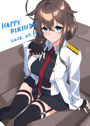 Rule 34 | 1girl, absurdres, arm behind back, black gloves, black skirt, black thighhighs, blue eyes, blush, breasts, brown hair, commentary request, covered navel, fingerless gloves, from above, garter straps, gloves, hair between eyes, hand on own chest, hand up, happy birthday, highres, jacket, jewelry, kantai collection, large breasts, long hair, looking at viewer, looking up, medium breasts, military jacket, miniskirt, o-ring, o-ring thigh strap, open clothes, open jacket, pleated skirt, ring, shiba (zudha), shigure (kancolle), shigure kai san (kancolle), shirt, sitting, skin tight, skindentation, skirt, smile, solo, thigh strap, thighhighs, thighs, wedding ring, white jacket