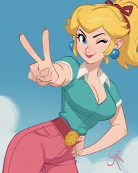 1girl adversarial_noise artist_name belt blonde_hair blue_eyes breasts commentary contrapposto cowboy_shot earrings english_commentary galmesh_rosewood hand_on_own_hip high_ponytail highres jewelry large_breasts long_hair looking_at_viewer making-of_available mario_(series) mario_kart mario_kart_world nintendo one_eye_closed outdoors ponytail princess_peach princess_peach_(sightseeing) smile solo sphere_earrings v
