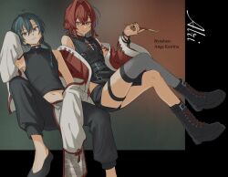 1girl 1other agemono_ume ahoge ange_katrina ange_katrina_(7th_costume) ankle_boots arm_tattoo armpit_crease bare_shoulders belt black_belt black_boots black_border black_dress black_pants black_ribbon black_shirt black_shoes black_shorts blue_eyes boots border breasts character_name china_dress chinese_clothes covered_collarbone crossed_bangs double_bun dress earrings elbow_rest floral_dress gradient_background green_background green_hair grey_loincloth grey_thighhighs group_name hair_between_eyes hair_bun hair_ornament hand_up hashtag-only_commentary highres holding holding_smoking_pipe invisible_chair jacket jacket_partially_removed jewelry kiseru knee_up lace-up_boots loincloth long_hair long_sleeves looking_at_viewer low-braided_long_hair low-tied_long_hair midriff multiple_belts navel nijisanji off_shoulder open_clothes open_jacket orange_background outside_border pants red_hair red_jacket red_trim ribbon ryuushen ryuushen_(3rd_costume) shirt shoes short_dress short_shorts shorts side_slit single_thighhigh sitting sleeveless sleeveless_dress sleeveless_shirt slip-on_shoes small_breasts smoking_pipe tassel tassel_earrings tassel_hair_ornament tattoo thigh_strap thighhighs virtual_youtuber white_jacket white_trim wide_sleeves wrist_ribbon x_hair_ornament