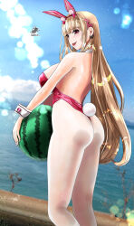1girl absurdres alternate_costume animal_ears artist_request ass bare_shoulders blonde_hair blush breasts fake_animal_ears fake_tail food from_behind fruit goddess_of_victory:_nikke highres large_breasts leotard long_hair looking_at_viewer official_alternate_costume open_mouth pantyhose playboy_bunny rabbit_ears rabbit_tail red_eyes sideboob smile solo tail thong_leotard very_long_hair viper_(nikke) viper_(toxic_rabbit)_(nikke) water watermelon