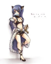 1girl animal_ears black_shoes black_shorts black_tank_top blue_cape blue_sleeves breasts cape cat_ears cat_girl cleavage clothing_cutout commentary_request copyright_name detached_sleeves fish_in_mouth full_body fur-trimmed_cape fur-trimmed_sleeves fur_trim hand_on_own_hip high_heels koyuki.a long_hair looking_at_viewer medium_breasts navel ragnarok_online shoes short_shorts shorts simple_background solo stalker_(ragnarok_online) standing standing_on_one_leg stomach_cutout tank_top waist_cape white_background