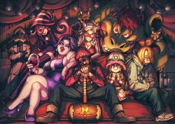 4boys 4girls absurdres admiral_bobbery alcohol animal_ears bottle breasts cleavage crossed_arms cup domino_mask drinking_glass facial_hair fangs flurrie goombella hamburger_man._(sumi80) hammer hat highres hood hoodie koops mallet mario mario_(series) mask mining_helmet mouse_ears mouse_tail ms._mowz multiple_boys multiple_girls mustache nintendo overalls paper_mario paper_mario:_the_thousand_year_door personification sitting smile striped_clothes striped_headwear tail thick_lips thighhighs vivian_(paper_mario) wine_bottle wine_glass witch_hat yoshi