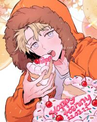 Rule 34 | 1boy, animification, artist name, balloon, birthday cake, blonde hair, bloom, blue eyes, cake, cake slice, cherry, commentary request, dated, english text, fingernails, food, fruit, fur-trimmed hood, fur trim, hair between eyes, hand up, happy birthday, holding, holding cake, holding food, hood, hooded jacket, jacket, kenny mccormick, korean commentary, lapels, long sleeves, looking at viewer, male focus, open clothes, open jacket, open mouth, orange jacket, puffy long sleeves, puffy sleeves, shirt, short hair, simple background, solo, south park, sp toyoill, star (symbol), t-shirt, teeth, tongue, upper body, white background, white shirt