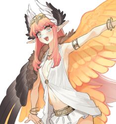 1girl bracelet breasts circe_(fate) fate/grand_order fate_(series) head_wings highres jewelry long_hair navel outstretched_arms pink_eyes pink_hair pointy_ears small_breasts takustorage white_background wings