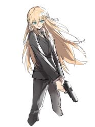 1girl black_jacket black_necktie black_pants blazer blonde_hair braid cropped_legs green_eyes gun half_up_braid handgun heaven_burns_red highres holding holding_gun holding_weapon jacket long_hair necktie pants ribbon solo toujou_tsukasa weapon white_background white_ribbon wuubaiwan