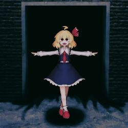 1girl absurdres ahoge ankle_socks ascot bad_id bad_twitter_id black_skirt black_vest blonde_hair collared_shirt commentary crossed_legs doorway english_commentary flower frilled_skirt frills full_body garry&#039;s_mod hair_ribbon highres iesonatana inactive_account looking_at_viewer miniskirt open_mouth outstretched_arms red_ascot red_eyes red_flower red_ribbon ribbon rumia sharp_teeth shirt shoes short_hair skirt smile socks solo spread_arms standing straight-on teeth touhou vest white_shirt white_socks