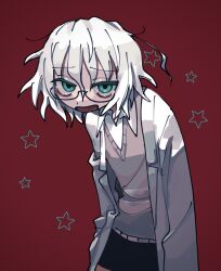 1girl absurdres aqua_eyes bags_under_eyes black_skirt coat collared_shirt glasses grey_sweater hair_between_eyes hands_in_pockets highres hunched_over kagaku_chop lab_coat medium_hair messy_hair open_clothes open_coat pencil_skirt red_background semi-rimless_eyewear shirt simple_background skirt solo star_(symbol) suzuzono_sai sweater ueki_(ueki056) v-neck white_coat white_hair