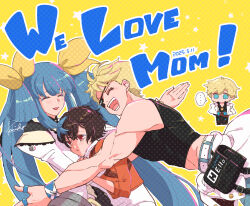 ... 2boys 2girls belt black_hair blue_eyes closed_eyes dated dizzy_(guilty_gear) english_text family father_and_daughter father_and_son guilty_gear guilty_gear_strive hair_rings highres hug husband_and_wife kanea_(nikoinoillust) ky_kiske mother&#039;s_day mother_and_daughter mother_and_son multicolored_hair multiple_boys multiple_girls open_mouth red_eyes ribbon sin_kiske streaked_hair unika_(guilty_gear) yellow_ribbon