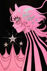 1girl black_background crescent_moon grey_eyes highres horns long_hair looking_at_viewer momomo_906 moon original poncho ringed_eyes solo star_(symbol) upper_body