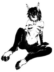 1girl animal_ears black_hair breasts chapter_170_monster_girl_(one-punch_man) claws fangs furry goat_legs highres hooves monochrome monster_girl neck_bell no_nose one-punch_man red_eyes single_fang tail