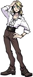 1boy belt bishounen blonde_hair bracelet brown_pants buttons chain collarbone full_body green_eyes hand_on_head hand_on_own_hip highres jewelry kobayashi_gen loafers male_focus medium_hair official_art oji_eiji_(subarashiki_kono_sekai) open_collar pants ruffled_shirt shin_subarashiki_kono_sekai shoes solo solo_focus subarashiki_kono_sekai