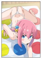 1girl all_fours ass barefoot bikini blue_eyes blush bocchi_the_rock! butt_crack clothing_aside female_focus from_above gotoh_hitori hair_ornament highres legs legs_apart loli looking_at_viewer looking_up mat micro_bikini pink_hair playing_games saeki_tatsuya short_hair side-tie_bikini_bottom smile solo swimsuit swimsuit_aside thighs twister white_bikini