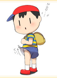 annoyed bad_tag black_hair blush child elementary_schoolboy embarrassed kasugai_(de-tteiu) male male_focus mother_(series) mother_2 ness_(mother_2) nintendo shirt shoes shorts shota socks striped_clothes striped_shirt underwear white_underwear