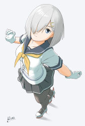 Rule 34 | 1girl, black pantyhose, blue eyes, blue sailor collar, blush, breasts, gloves, grey background, grey footwear, grey hair, grey sailor collar, grey skirt, hair ornament, hair over one eye, hairclip, hamakaze (kancolle), highres, kantai collection, large breasts, looking at viewer, looking up, neckerchief, pantyhose, pleated skirt, sailor collar, school uniform, serafuku, short hair, short sleeves, signature, skirt, smile, solo, wanramiru, white gloves, yellow neckerchief