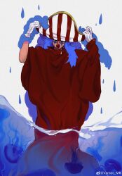 1boy absurdres blue_hair buggy_the_clown closed_eyes clown_nose facing_viewer gloves hat highres jellyfish long_hair male_focus one_piece pirate_hat red_robe robe simple_background solo striped_hat vamos_mk wading water_drop white_gloves wide_sleeves