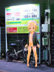 1girl barefoot bicycle bikini bikini_bottom_only black_jacket blonde_hair female_focus flat_chest full_body groin jacket loli looking_at_viewer maid_headdress navel open_clothes open_jacket original outdoors parted_lips photo_background short_hair sign solo standing swimsuit tamerai_zero tareme