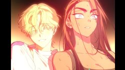 Rule 34 | 1boy, 1girl, alien stage, black tank top, blonde hair, brown hair, closed eyes, colored eyelashes, grey eyes, highres, hyuna (alien stage), long hair, lubya, luka (alien stage), pillarboxed, shirt, short hair, smile, sweat, tank top, very short hair, white shirt