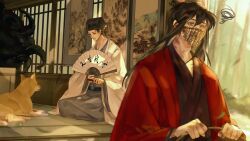 Rule 34 | 111218422, 2boys, absurdres, animal, architecture, black eyes, black hair, black hanfu, black hat, black nails, blood, blood on neck, calligraphy, chinese clothes, chinese commentary, coat, coin, coin mask, covered mouth, creature, dao gui yi xian, day, dog, east asian architecture, folding fan, grey hanfu, hair between eyes, hair bun, half updo, hand fan, hand fan writing, hanfu, hanging scroll, hat, hat ribbon, highres, holding, holding fan, holed coin, indoors, jin (headwear), li huowang, li sui (tentacles), light particles, long hair, long sleeves, looking at animal, looking at viewer, male focus, mask, mouth veil, multiple boys, nail polish, open clothes, open coat, paper fan, parted lips, red coat, ribbon, robe, sash, scroll, seiza, sidelocks, single hair bun, sitting, smile, squiggle, sunlight, tentacles, tree, updo, veil, wide sleeves, zhouzi jin (headwear), zhuge yuan