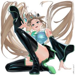 1girl absurdres animal_ears black_boots black_skirt black_sleeves blonde_hair boots breasts commentary cosplay detached_sleeves english_commentary floating_hair green_eyes hat hatsune_miku hatsune_miku_(cosplay) high_heel_boots high_heels highres indie_virtual_youtuber large_breasts latex latex_boots long_hair massiveyog miniskirt nimi_nightmare number_tattoo nurse_cap open_mouth shirt simple_background skirt solo tapir_ears tapir_girl tattoo thigh_boots very_long_hair virtual_youtuber vocaloid white_background white_shirt wide_sleeves