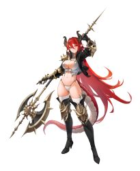 absurdres axe battle_axe belt black_boots black_gloves black_shirt boots breasts cleavage commentary cropped_shirt dragon_girl dragon_horns dragon_tail english_commentary full_body geulemaen gloves hair_between_eyes high_collar highres holding holding_axe holding_weapon horns large_breasts long_hair looking_at_viewer navel open_clothes open_shirt original red_eyes red_hair red_scales shirt smile standing tail thigh_boots very_long_hair weapon white_belt white_scales
