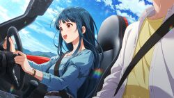 Rule 34 | 1boy, 1girl, :d, alternate hairstyle, anime coloring, blue hair, blue shirt, blue sky, blunt bangs, brown eyes, car, cloud, collarbone, convertible, day, driving, game cg, idolmaster, idolmaster million live!, idolmaster million live! theater days, jewelry, juliet sleeves, kitakami reika, long hair, long sleeves, motor vehicle, mountainous horizon, necklace, official art, open mouth, private dress (idolmaster million live!), puffy sleeves, seatbelt, shirt, sitting, sky, smile, steering wheel, straight hair, third-party source, upper body, vest, watch, white vest, wristwatch, yellow shirt