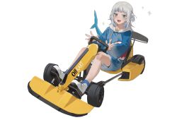 1girl :d animal_costume animal_hood bandaid bandaid_on_knee bandaid_on_leg black_shorts blue_eyes blue_hoodie driving ericx_gasi fins fish_tail gawr_gura go-kart grey_hair hair_ornament highres hololive hololive_english holomyth hood hoodie long_hair looking_at_viewer motor_vehicle multicolored_hair open_mouth ponytail riding shark_costume shark_girl shark_hair_ornament shark_hood shark_print shark_tail sharp_teeth shoes short_ponytail shorts simple_background smile star_(symbol) steering_wheel streaked_hair tail teeth two-tone_hair virtual_youtuber wheel white_background white_footwear