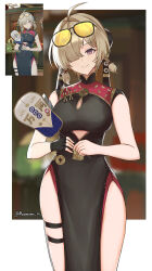 1girl absurdres ahoge black_dress braid breasts brown_hair china_dress chinese_clothes cleavage_cutout clothing_cutout commentary cowboy_shot dress eyewear_on_head fingerless_gloves gloves hair_over_one_eye hand_fan head_tilt highres holding holding_fan looking_at_viewer muramasa_dash pelvic_curtain purple_eyes reference_inset side_slit single_glove solo sunglasses sweety_(zenless_zone_zero) tinted_eyewear twitter_username underboob_cutout yellow-tinted_eyewear zenless_zone_zero