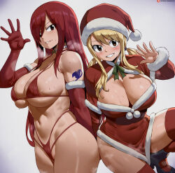 Rule 34 | 2girls, arm tattoo, artist name, bikini, black footwear, blonde hair, blush, breasts, brown eyes, choker, christmas, cleavage, curvy, dress, elbow gloves, erza scarlet, fairy tail, female focus, gloves, gradient background, grey background, groin, hair between eyes, hand up, hat, highres, long hair, looking at viewer, low twintails, lucy heartfilia, medium hair, multiple girls, navel, patreon logo, patreon username, red dress, red eyes, red gloves, red hair, red hat, red thighhighs, santa bikini, santa costume, santa dress, santa hat, shexyo, shoes, sideboob, smile, steaming body, stomach, sweat, swimsuit, tattoo, thick thighs, thighhighs, thighs, twintails, underboob, watermark, web address, white choker, wide hips