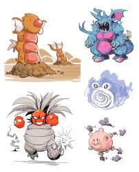 bummerdude claws clefairy closed_mouth commentary creature creatures_(company) digging diglett exeggutor explosion fangs floating fusion game_freak gastly gen_1_pokemon ghost grin gyarados highres hole_on_body horns koffing multiple_heads nidoking nintendo no_humans open_mouth pokemon pokemon_(creature) poliwhirl simple_background smile smoke spiral standing voltorb walking white_background zubat