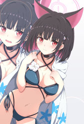 1girl absurdres animal_ears bikini black_hair blue_archive blue_bikini breasts cat_ears closed_mouth colored_inner_hair cosplay criss-cross_halter different_zoom_layer ear_piercing grey_background halo halterneck highres kame_(nokonoko10271) kazusa_(blue_archive) kikyou_(blue_archive) kikyou_(blue_archive)_(cosplay) kikyou_(swimsuit)_(blue_archive) large_breasts multi-strapped_bikini_bottom multi-strapped_bikini_top multicolored_hair multiple_views navel open_mouth piercing pink_hair pink_halo side-tie_bikini_bottom simple_background swimsuit two-tone_hair white_background