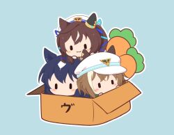 3girls :3 animal_ears blue_background blue_hair blush box brown_hair carrot cheval_grand_(umamusume) chibi chibi_only closed_mouth commentary_request ear_covers ears_through_headwear gomashio_(goma_feet) hat horse_ears horse_girl in_box in_container long_hair multicolored_hair multiple_girls no_mouth outline short_hair simple_background twintails two-tone_hair umamusume v_sisters verxina_(umamusume) vivlos_(umamusume) white_hair white_hat white_outline |_|