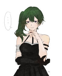 ... 1girl arsum0731 black_dress black_gloves closed_mouth dress gloves green_hair highres long_hair looking_at_viewer purple_eyes side_ponytail simple_background single_glove sleeveless sleeveless_dress smile solo sousou_no_frieren ubel_(sousou_no_frieren) white_background