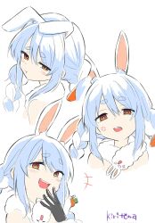 Rule 34 | +++, 1girl, :d, :t, animal ear fluff, animal ears, bare shoulders, black gloves, blue hair, blush, braid, brown eyes, carrot hair ornament, closed mouth, commentary request, cropped torso, don-chan (usada pekora), ears down, food-themed hair ornament, fur-trimmed gloves, fur trim, gloves, hair ornament, hand to own mouth, hand up, highres, hololive, kiritoma, long hair, multicolored hair, multiple views, open mouth, pout, rabbit-shaped pupils, rabbit ears, short eyebrows, signature, simple background, smile, symbol-shaped pupils, thick eyebrows, twin braids, twintails, two-tone hair, upper body, usada pekora, usada pekora (1st costume), virtual youtuber, white background, white hair