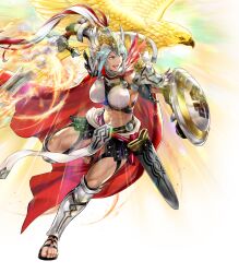1girl abs arm_shield bird dagr_(fire_emblem) dagr_(sunny_bloom)_(fire_emblem) feet fire_emblem fire_emblem_heroes glowing glowing_animal grey_hair highres holding holding_sword holding_weapon muscular muscular_female nintendo non-web_source official_alternate_costume official_art pelvic_curtain sandals shield solo sword toes weapon