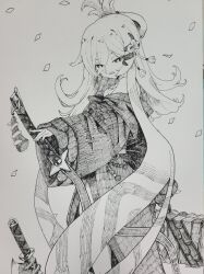 1girl asymmetrical_hair axe bare_shoulders clenched_teeth curly_hair dress falling_petals grey_background greyscale hatching_(texture) highres holding holding_sword holding_weapon japanese_clothes katana kimono lineart long_hair looking_at_viewer looking_back monochrome mumira_(huti1234) paper pen petals sharp_teeth shuro_(trickcal) simple_background slit_pupils solo sword teeth trickcal wavy_hair weapon