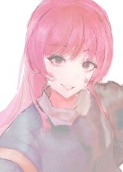 1girl absurdres bang_dream! bang_dream!_it&#039;s_mygo!!!!! chihaya_anon commentary grey_eyes hashtag-only_commentary highres long_hair looking_at_viewer open_mouth pink_hair simple_background solo upper_body white_background zeeeerai