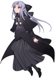 1girl black_bow black_capelet black_coat black_shoes bow capelet coat commentary_request expressionless full_body hair_bow kamei_(yamatomo24) len_(tsukihime) long_hair long_skirt looking_at_viewer pleated_skirt pointy_ears pom_pom_(clothes) purple_hair red_eyes shoes simple_background skirt solo tsukihime white_background